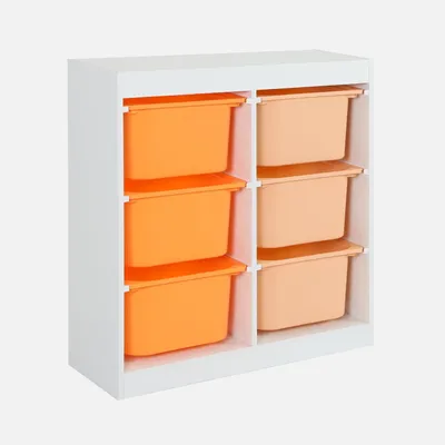 A white shelving unit with six storage bins, three orange and three peach, arranged in two columns and three rows.