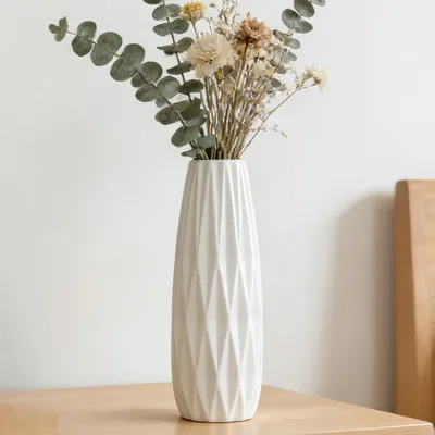 Productafbeelding van Witte keramische bloemenvaas 30 cm, moderne gestructureerde vaas voor huizendecoratie
