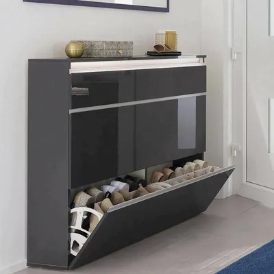 Produktbild von Schuhschrank Piero, Mehrzweckschrank mit 2 Türen und 1 Klapptür, Eingangsschuhregal, 100 % Italy, cm 120x27h108, Anthrazit glänzend