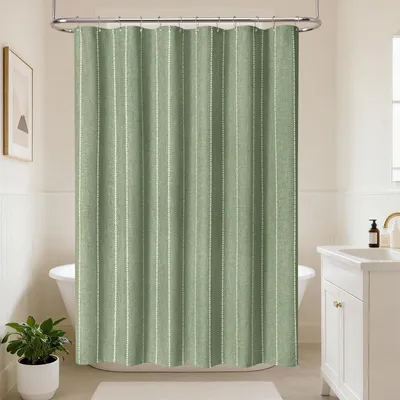 Produktbild von Gestreifter Duschvorhang im Boho-Stil aus Polyester-Leinen, wasserabweisend beschichtet, neutrales Badezimmer-Vorhangset im Shabby-Chic-Landhausstil, 182 x 182 cm