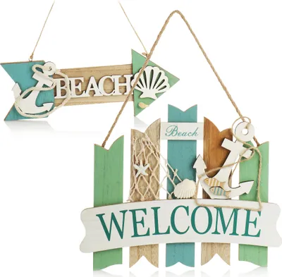 Produktbild von com-four® 2x Hängedeko aus Holz - Türschild im Küsten-Design - maritime Vintage Wanddeko für Bad, Küche, Flur, Wintergarten, Gästezimmer - dekorativer Aufhänger