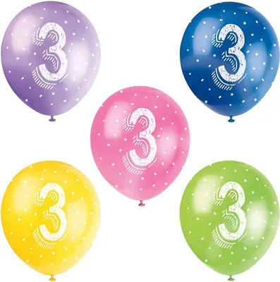 Produktbild von 5 bunte Zahl 3 Latexballons 30cm