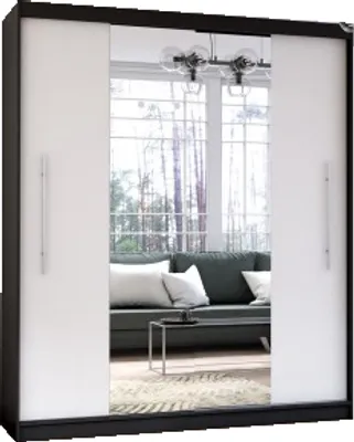 Produktbild von Innovativer Schiebetürenschrank, Kleiderschrank mit Schiebetüren, Wohnzimmerschrank, Flurschrank, ideal für das Schlafzimmer, hoher Nutzungskomfort, Kleiderstange aus Metall, geräumiger Garderobe, gut organisierter Raum, geräumige Ablagen - KLEIDERSCHRANK NICO I SCHWARZ + WEIß + Spiegel