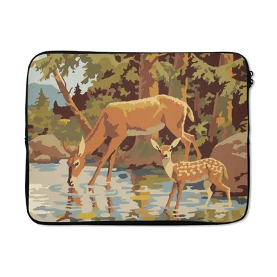 Produktbild von MuchoWow® Laptop Hülle 17 Zoll Laptoptasche Eine Illustration eines Hirsches und seines Jungtieres in der Pop-Art - Zipper - Schutzabdeckung