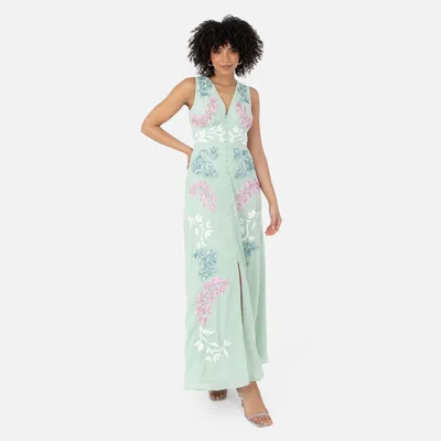 Productafbeelding van Maya Deluxe damesjurk, maxi-model, met V-hals, mouwloos, bloemenprint en pailletten