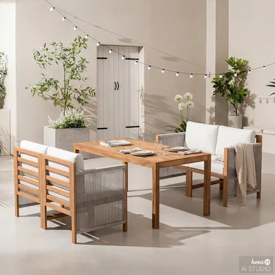 Produktbild von home24 Dining-Loungeset - 5-teilig - Akazie Massiv / Polyester - Braun / Beige