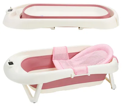 Produktbild von Ikodm Faltbare Babybadewanne 83 × 46 cm mit Liegenetz und Shampoo-Becher, Temperaturanzeige, 0–12 Monate, Rosa