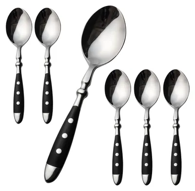 Produktbild von Set aus 6 Suppenlöffeln aus Edelstahl mit schwarzen Griffen