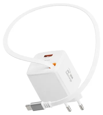 Image de Swissten, chargeur USB-A 30 W avec câble USB-C rétractable intégré de 0,75 m, blanc