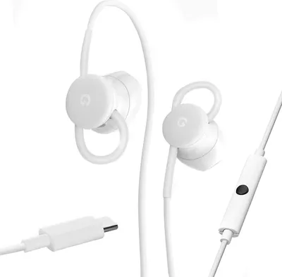 A pair of white USB-C headphones with a Google logo on a white background.
