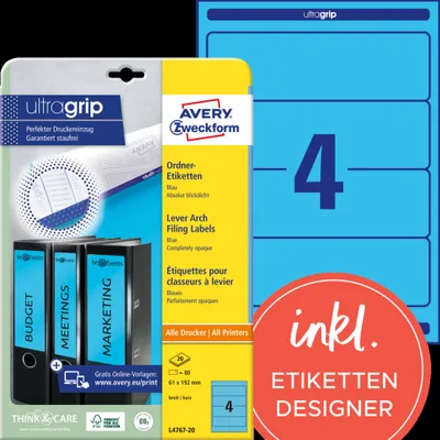 Produktbild von Avery Zweckform L4767-20 Ordner-Etiketten, A4 mit ultragrip, 61 x 192 mm, 20 Bogen/80 Etiketten, blau