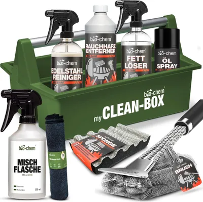 Produktbild von bio-chem Grill Reinigungsset und Pflege professionell Box 9-teilig: 1x Rauchharzentferner 1L (inkl. Sprühflasche) + 1x Fettlöser 750ml + Edelstahlreiniger 750ml + Öl-Spray 200ml + Grillbürste, Grillschwamm & Zubehör