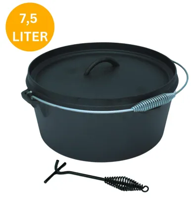 Produktbild von Muntel Dutch Oven Set BBQ 7,5 Liter, Feuertopf Schmortopf mit Edelstahluntersetzer, Gusseisen Topf mit Deckelheber Henkel und Schlitz für Themormeter