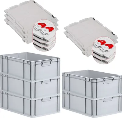 Produktbild von SuperSparSet 5x Eurobox NextGen Economy mit Scharnierdeckel und roten Schiebeschnappverschlüssen | Griffe geschlossen | HxBxT 22x40x60cm | 44 Liter | Eurobehälter, Transportbox, Transportbehälter, Stapelbehälter