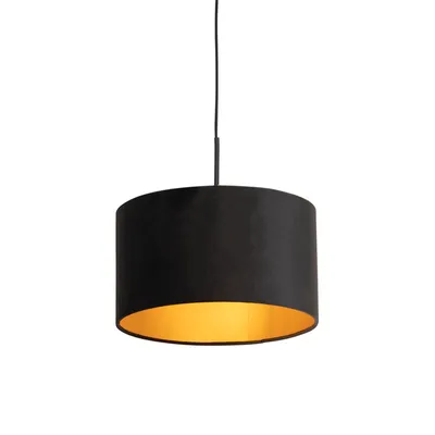 Produktbild von QAZQA - Klassisch I Antik Pendelleuchte I Esstisch I Esszimmer I Pendellampe I Hängelampe I Pendellampe I Pendelleuchte I Lampe I Leuchte mit Veloursschirm schwarzIGold I Messing 35 cm - Combi I Wohnz