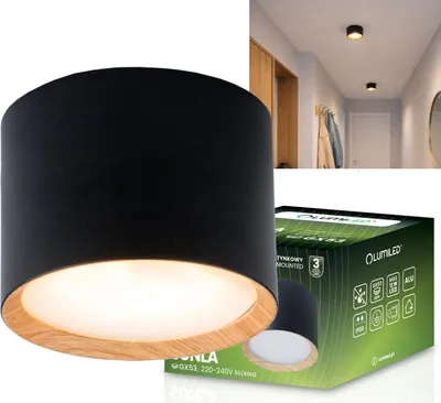 Produktbild von LUMILED Aufbauspot GX53 Fassung Schwarz Holz Akzent Feste Deckenspots Aufputz Deckenstrahler Aufbaustrahler Modern Spot Deckenleuchte Rund Aluminium für Flur Wohnzimmer Küche Schlafzimmer H: 6 cm