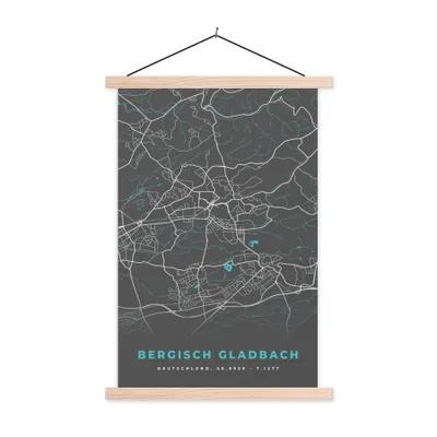 Produktbild von MuchoWow® Textilposter Stadtplan - Deutschland - Blau - Bergisch Gladbach - Karte 120x180 cm mit holzfarbenen Rahmen - Textil-Plakat