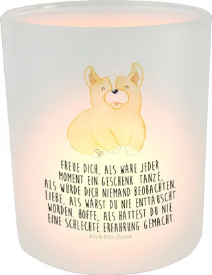 Produktbild von Mr. & Mrs. Panda Teelichthalter Corgie - Transparent - Geschenk, Motivation, Glas Windlicht, Kerzenhalter, Lebensfreude, Sprüche, Lebensfroh, Hund, Spruch, Corgi