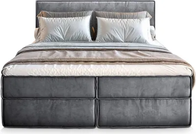 Produktbild von Masseno Boxspringbett PELLIO 140x200 cm Komplett-Set mit Bonell Matratze und Topper, Polsterbett mit Bettkästen -Grau, MONOLITH 85