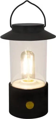 Produktbild von LED-Kampeerlamp, batteriebetreibt, drahtlos, dimmbar, für Innen- und Außenbereich geeignet, etwa 19 cm hoch, tragbar, schwarz.