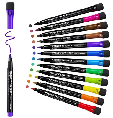 Produktbild von Whiteboard Marker Set mit Schwamm & Magneten, 12 Farben, Feinspitze, Abwischbar