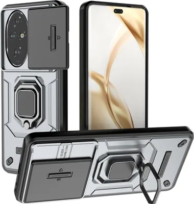 Immagine prodotto di Custodia per Honor 200 Pro a doppio strato con protezione scorrevole della fotocamera e supporto ad anello, supporto Grigio