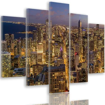 Produktbild von 5-teiliges leinwandbild chicago bei nacht 200x100 cm Feeby orange wandbild bereit zum aufhängen