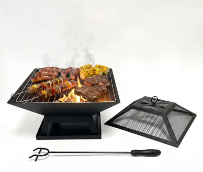 Immagine prodotto di Braciere Relaxdays, A x L x P: 36 x 45 x 45 cm, con griglia, parascintille, attizzatoio, acciaio, braciere da giardino, nero