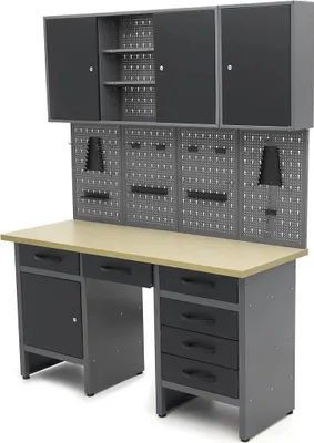 Produktbild von HBM Werkbank 160 cm mit 6 Schubladen, Schrankwand und Rückwand, schwarz, grau