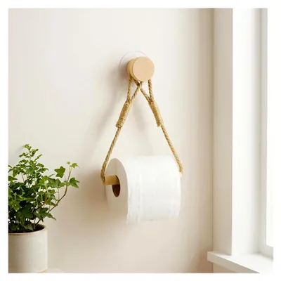 Produktbild von Toilettenpapierhalter ohne Bohren aus Holz und Juteseil, selbstklebend, im Vintage-Stil für Badezimmer und WC