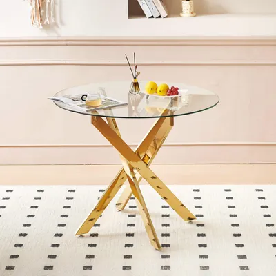 Produktbild von okwish Runder Esstisch mit Glasplatte und Metallbeine, Sofatisch  Metallgestell in Kreuzform, Geeignet für das Esszimmer,Golden