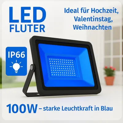 Produktbild von LED Fluter Außenstrahler 100W Blau IP66 – LED Fassadenstrahler & Flutlicht für Außenbereich, wasserdicht, Garten, Hauswand, Event- & Partybeleuchtung
