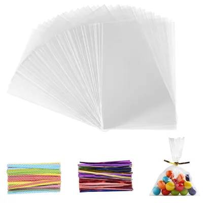 Imagen del producto de 200 bolsas de celofán, de 10 x 15 cm, bolsas transparentes para rellenar, bolsas transparentes con 200 cintas de metal para caramelos, galletas