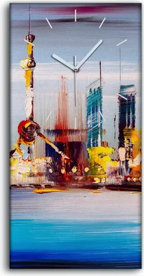Produktbild von Wanduhr Bürouhr Leinwand Bild 30x60 Malerei Abstrakte Stadt Gebäude See Kunst - weiße Hände