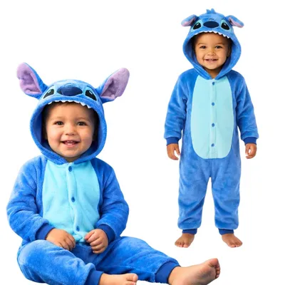 Two images of a baby wearing a blue Lilo & Stitch costume, one sitting and one standing.