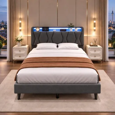 Zdjęcie produktu dla Łóżko tapicerowane INONEFT, młodzieżowe, 160 x 200 cm, z portem USB, podwójne łóżko z oświetleniem LED, ciche stelaż łóżka z zagłówkiem obitym tkaniną lnianą (szare, 160 x 200 cm)