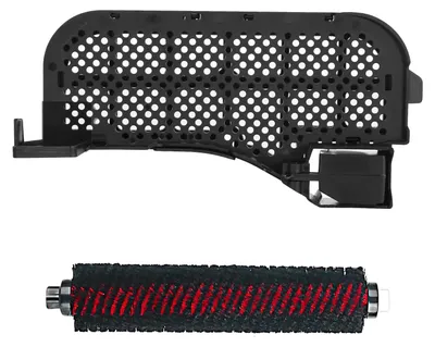 A black plastic component with a grid pattern and a cylindrical brush with red bristles are shown against a white background.