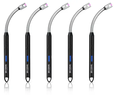 Imagen del producto de Brandson, juego de 5 encendedores eléctricos de arco, con carga USB-C, sin llama y resistentes al viento, cuello flexible de 26 cm de longitud, tipo varilla, 5 unidades, color y plateado