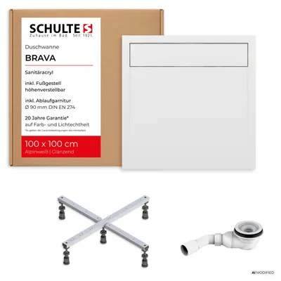 Produktbild von Schulte Duschwanne Brava 100x100 cm, Sanitäracryl Weiß, Set mit Fußgestell + Ablauf, Höhe 13 - 18 cm