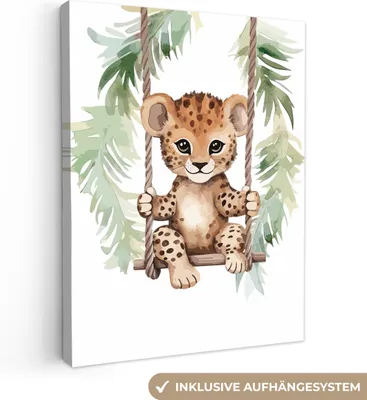 Produktbild von MuchoWow® - Leinwandbilder - Leopard - Tier - Kinder - Dschungel, Wandbild, Wanddeko Bilder Wohnzimmer, 90x120 cm