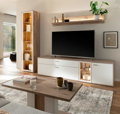 Produktbild von Wohnwand in Eiche und weiß modern mit Couchtisch & LED-Beleuchtung, 4-teilig - SAGUNTO-05