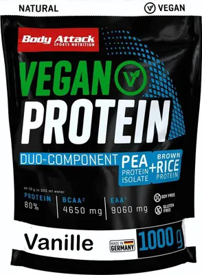 Produktbild von Body Attack 7423-23, Pulver, Molkenproteinkonzentrat, Vanille, L-Alanin, L-Arginin, L-Asparaginsäure, L-Cystein, L-Glutaminsäure, L-Glutamin, L-Glycin,..., 68,8 g, 494 kcal