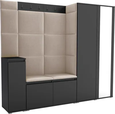 Produktbild von Garderoben-Set Noris VIII mit Spiegel, gepolsterte Garderobe 145 cm mit Schuhkommode, Wandpaneelen und Sitzbank (Farbe: Schwarz+ Trinity 04)