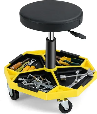 Produktbild von GOPLUS Werkstatthocker 41-55cm höhenverstellbar, Rollhocker mit Werkzeugablage & 4 Universalrädern, Funktioneller Arbeitshocker, Gelb