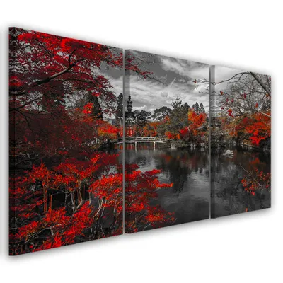 Produktbild von Triptychon auf leinwand graue landschaften 120x80 cm Feeby rot wandbild bereit zum aufhängen