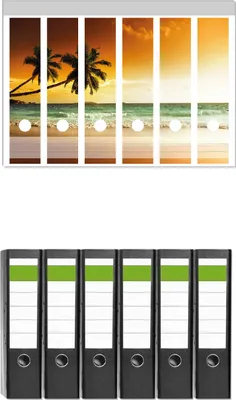 Produktbild von Wallario 6 Stück breite Ordner inkl. Klebeetiketten mit Motive Palmen am Sandstrand bei untergehender Sonne -  Set mit Rückenschildern / Ordnerrücken Stickern