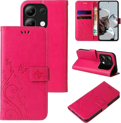Produktbild von Handyhülle für Xiaomi Redmi Note 13 Floral Blumen Schmetterling Flip Cover Hülle Case Klapphülle Handytasche Farbe: Pink