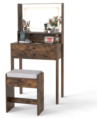 Productafbeelding van COSTWAY Make-up tafel met 3 gekleurde LED-spiegel, stopcontacten en krukje, make-up tafel/kaptafel met glazen blad, open plank en 2 lades
