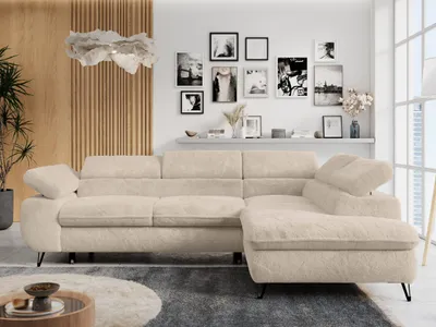 Produktbild von Ecksofa Sofa Creme, Wohnlandschaft L-Form mit Schlaffunktion und Bettkasten, Schlafsofa mit Bettkasten, Sofa mit Einstellbare Kopfstützen, Peter L - Creme Plüsch - Rechts Creme
