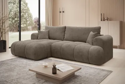 Productafbeelding van Eckbank TREVIO, links, in de kleur helbruin, bekleding: stof POSO, afmetingen: 260 x 93 x 165 cm – Moderne designbank met ottoman